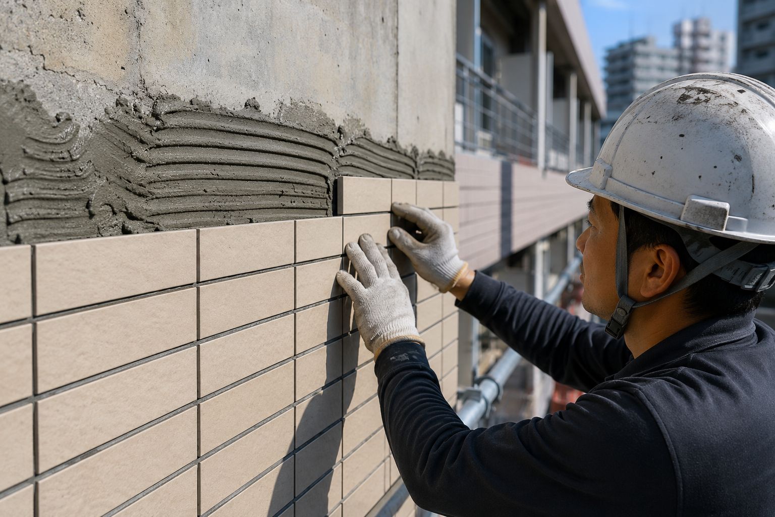 外壁タイル工事の施工現場